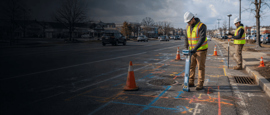 SoftDig technician performing utility mapping and SUE work along Memorial Avenue in West Springfield, MA